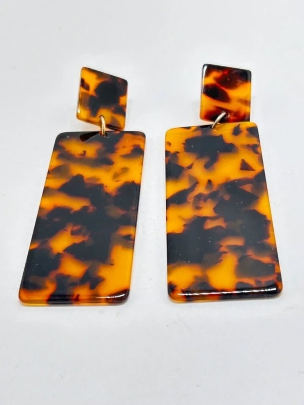 Vintage Tortoise Shell Lucite Long Dangly Rectangular Earrings, Studs